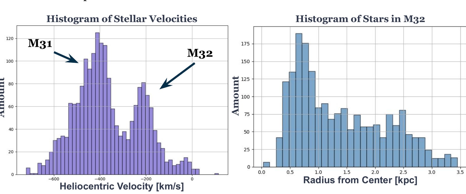 Velocity and radius histograms